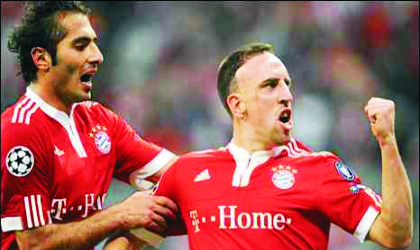 Bayern’s Frank Ribery (right) after pulling the Germans level last night