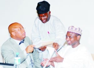 Minister of State for Commerce and Industry, Mr Humphrey Abbah (left), Minister of Power, Dr Lanre Babalola (middle) and Minister of Finance, Dr Mansur Muktar at a meeting of the National Council on Privatisation in Abuja, yesterday.