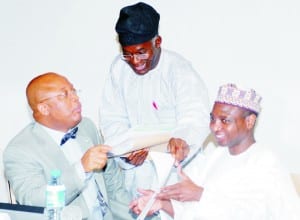 Weekend Tide1 Minister of State for Commerce and Industry, Mr Humphrey Abbah (left), Minister of Power, Dr Lanre Babalola (middle) and Minister of Finance, Dr Mansur Muktar at a meeting of the National Council on Privatisation in Abuja, yesterday.