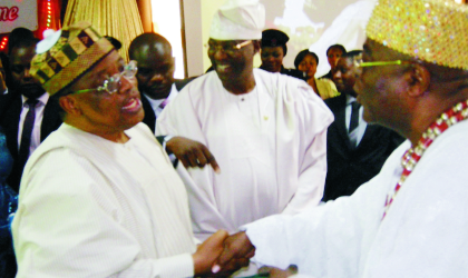 Former President Ibrahim Babangida (left), exchanging pleasantries with the Alake of Egbaland, Oba Adedotun Gbadebo, during the birthday lecture of Governor Gbenga Daniel of Ogun State (centre)  in Abeokuta, yesterday.