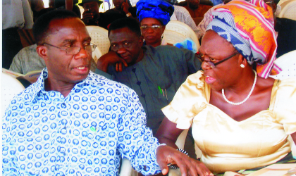 Prof Don Baridam, Vice Chancellor, University of Port Harcourt (left), conferring with the former registrar of the university, Dr Chris A. Tamuno, during the funeral service of late Wali George Amadi at Rumuosi community in Obio/Akpor Local Government Area of Rivers State, yesterday. Photo: Nwiueh Donatus Ken