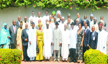 Acting President Goodluck Jonathan, poses with the new ministers after their oath of office in Abuja, yesterday. Photo: NAN