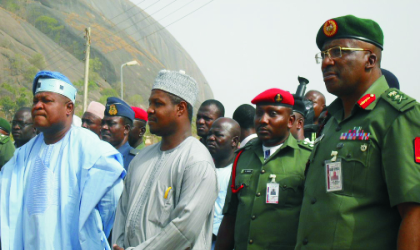 Minister of Defence, Prince Adetokunbo Kayode (left), Minister of State, Defence, Murtala Yar'adua (centre) and Chief of Army Staff, Lt-Gen Abdulrahman Dambazau at the Inspection of Shehu Yar'adua Barracks in Abuja, last Friday.