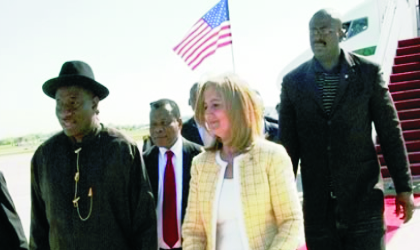 12041001 Nigeria’s Acting President Goodluck Jonathan, (left), arrives the Andrews Air-force Base Airport, Washington DC, United States of America, while on a four-day working visit. He was recieved by the US Ambassador to Nigeria, Ms Robin Sanders, yesterday