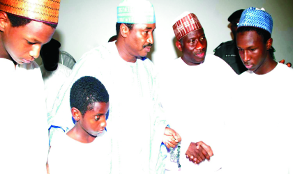 President Goodluck Jonathan (2nd Right),Governor  Ibrahim Shema  of Katsina State (3rd Left)and   some sons of Late President Umaru Yar'Adua in Katsina, during the President's condolence visit, last Friday.