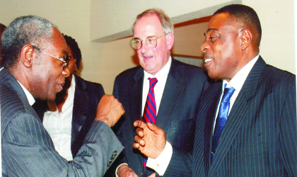 Dr Jonathan Fanton, immediate past president of MacArthur Foundation (middle) chatting with Prof Nimi Briggs, Chairman, Rivers State Board of Community Foundation (right) and Rev Precious Omuku, former director, SPDC and chairman Rivers State Public Procurement Board, during the commissioning of Port Harcourt office of RSCF at the weekend. Photo: Chris Monyanaga