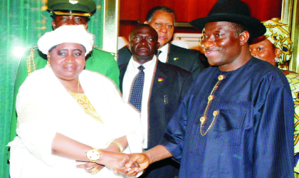 12051001 President Goodluck Jonathan (right), welcoming the Gambian Vice President, Aja Aisatou Njie-Saidey, during her condolence and congratulatory visit to the Presidential Villa in Abuja, last Monday. Photo: NAN