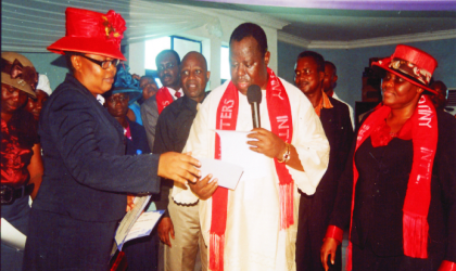 Snr Pastor Redemption Ministries, Rev Stephen Akinola (centre) with his wife, Pastor Matilda Akinola (right) conferring with president Daughters of Destiny International, Adaba Patience Abbi, during the graduation of some Daughters of Destiny International  in skills acquisition at Redemption Ministries, Eastern bye-pass, Port Harcourt, yesterday.