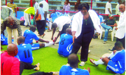 Rivers State Commissioner for Information and Communications , Mrs Ibim Semenatari congratulating players of the Ministry’s team, The Mighty Sparrows after their first round victory over Ministry of Finance