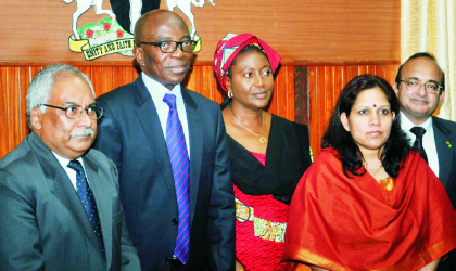 L-R: Leader of the Indian delegation on Cotton and Textiles, Mr Ravi Bangar; Minister of Commerce & Industry, Chief Jubril Martins-Kuye; Minister of State, Miss Josephine Tapgun; Manager, Il&Fs Clusters Company, Dr Milan Sharma and the Indian High Commissioner, Mr Mahesh Sachdev, after a meeting in Abuja, last Tuesday.