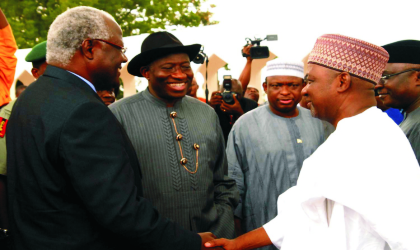 19051001 President Ernest Bai Koroma of Sierra Leonian(left) being received by President Goodluck Jonathan (2nd left) and Vice President Designate, Namadi Sambo in Abuja, yesterday. Photo: NAN