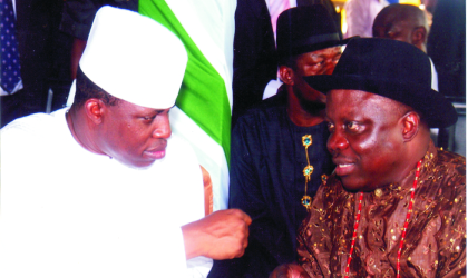 Speaker House of Reps. Hon Dimeji Bankole (left) conferring with the Governor of Delta State, Dr Emmanuel Oduaghan at the 26th convocation ceremony of the University of Port Harcourt, last Saturday.