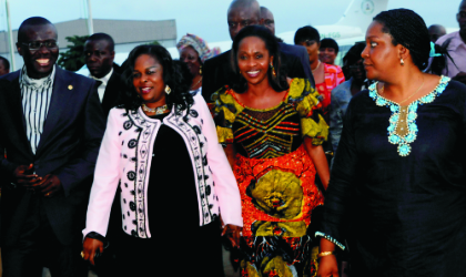 The First Lady, Dame Patience Jonathan (2nd left), on arrival at the Presidential Wing of the Murtala Muhammed Airport, Lagos, last Wednesday.