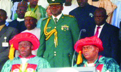 President Goodluck Jonathan (left) and Governor Mohammed Goje, at the first convocation ceremony of Gombe State University in Gombe last Saturday.  Photo: NAN.