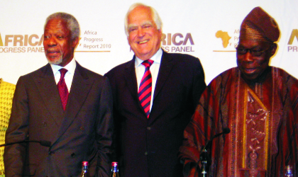 L-R: Mr Kofi Annan, Chairman, Africa Progress Panel and former UN Secretary-General, Mr Peter Eigen, founder and Chairman of the Advisory Council, Transparency International and former President, Olusegun Obasanjo, at the presentation of the Africa Progress Report, in Johannesburg, yesterday.  Photo: NAN