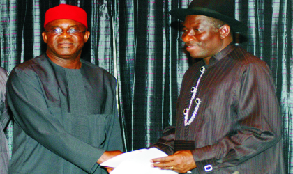 28051001 President Goodluck Jonathan (right), receiving condolence and congratulatory letters from the Senate President, David Mark, during the visit of Senate Leadership to the President in Abuja,yesterday. Photo: NAN