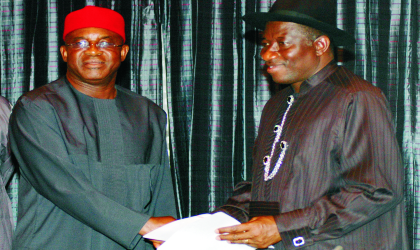 President Goodluck Jonathan (right), receiving condolence and congratulatory letters from the Senate President, David Mark, during the visit of Senate Leadership to the President in Abuja,yesterday. Photo: NAN  