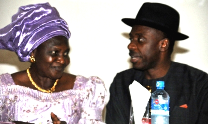 29051001 Rivers State Governor, Rt. Hon. Chibuike Rotimi Amaechi (right) conferring with Mrs Helen David Mark, wife of the Senate President at the opening ceremony of the first Commonwealth of Women Parliamentarians (CWP) Conference of West African Sub-region held in the Rivers State House of Assembly complex, Port Harcourt.
