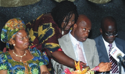04061001 L-R:Minister of Information and Communications, Prof Dora Akunyili, Rivers State Commissioner of Information and Communications, Mrs Ibim Semenitari, Governor Chibuike Rotimi Amaechi of Rivers State and Mr Gbenga Adefaye, President Nigerian Guild of Editors, at the opening ceremony of the sixth NGE conference held at Hotel Presidential, yesterday. Photo: Chris Monyanaga
