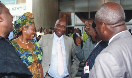 05061001 Minister of Information and Communications, Prof Dora Akunyili (left), Gov Chibuike Amaechi (middle) and another guest, during the Nigerian Guild of Editors Conference which ended in Port Harcourt, yesterday. Photo: Chris Monyanaga.