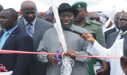 06061002 President Goodluck Jonathan (middle) inaugurating Nigeria Security and Civil Defence Corps Academy in Abuja, last Friday. With him is Minister of Interior, Capt Emmanuel Iheana