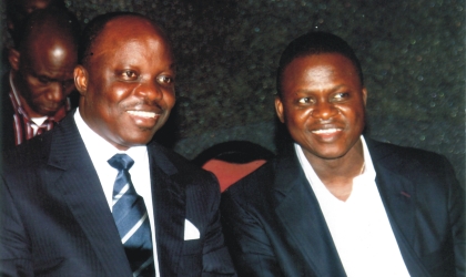 Delta State Governor, Dr Emmanuel Uduaghan (left) chatting with Chief Timi Alaibe, Special Adviser to the President on NDDC Matters, during the Nigerian Guild of Editors Conference in Port Harcourt, last Friday. Photo: Chris Monyanaga