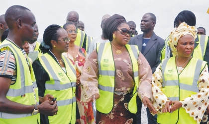 R-L: Sen Eme Ufot-Ekaette, member, Senate Committee on Environment, Sen Grace Bent, Chairman, Dr Bene Ngeri, Director -General, NESREA, and Mr Godwin Ejike, Supervisor, Arab Contractors Quarry, at a Senate Committee on Environment  oversight function visit to construction companies at Mpapa , in Abuja, last Thursday.