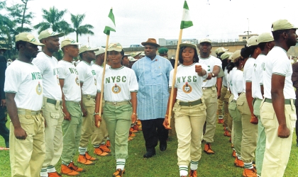 FRED25061001 Rivers State Deputy Governor, Engr Tele Ikuru (middle) inspecting a parade during the passing out ceremony of 2009 Batch B members of National Youth Service Corps (NYSC) at Isaac Boro Park, Port Harcourt, yesterday.