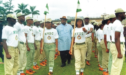 Rivers State Deputy Governor, Engr Tele Ikuru (middle) inspecting a parade during the passing out ceremony of 2009 Batch B members of National Youth Service Corps (NYSC) at Isaac Boro Park, Port Harcourt, yesterday.