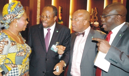 Minister of Information and Communications, Prof. Dora Akunyili (left), Director-General, Bureau of Public Procurement, Chief Emeka Eze,(2nd left), Minister of State for Interior, Mr Humphrey Abbah (2nd right) and Minister of  State for Finance, Mr. Remi Babalola at the Federal Executive Council meeting in Abuja,  Wednesday  