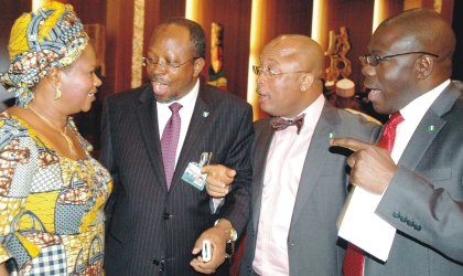 FRED25061003 Minister of Information and Communications, Prof. Dora Akunyili (left), Director-General, Bureau of Public Procurement, Chief Emeka Eze,(2nd left), Minister of State for Interior, Mr Humphrey Abbah (2nd right) and Minister of State for Finance, Mr. Remi Babalola at the Federal Executive Council meeting in Abuja, Wednesday