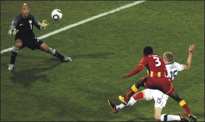 Ghana’s Asamoah Gyan (3) firing home the winning goal in yesterday’s round 16 match against USA