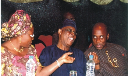 Rivers State Governor, Rt Hon Chibuike Rotimi Amaechi, former Governor of Ogun State, Chief Segun Osoba and Deputy Governor of Lagos State, Princess Sarah Adebisi Sosan chatting during the Nigerian Guild of Editors conference held in Port Harcourt, penultimate week