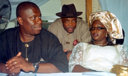 FRED04071002 Rivers State Commissioner for Urban Development, Hon Osima Ginah (middle) chatting with Commissioner for Works, Hon Dakuku Peterside (left) and Commissioner for Women Affairs, Hon Manuela George-Izunwa at the reception organised by the Bakana community development Association, for five eminent citizen of Bakana in Degema Local Government Area of Rivers State.
