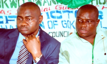 Secretary to Rivers State Government, Hon Magnus Abe (left) and Hon Victor Giadom, Chairman, Gokana Local Government Area during the first Gokana Leadership Summit, held at the council, recently