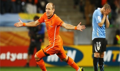 The Netherlands Arjen Robben celebrating his goal against Uruguay, yesterday