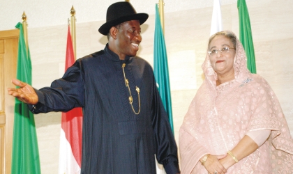 FRED09071001 President Goodluck Jonathan (left) and Sheikh Hasina, the Prime Minister of the Republic of Bangaladesh, during the 7th D-8 Summit in Abuja, yesterday.
