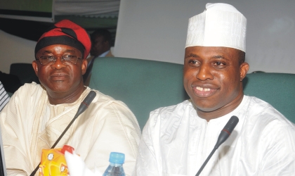 Senate President, David Mark,(left) with Speaker, House of Representatives, Dimeji Bankole,   when the presentation of resolutions of State Assemblies on the constitution first amendment bill 2010, failed to take place in Abuja, yesterday