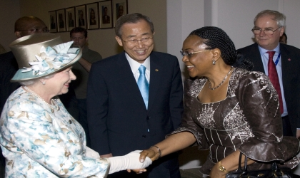 FRED10071002 Nigeria’s Permanent Representative to the United Nation and Security Council President for July, Prof Joy Ogwu (right), in a handshake with Queen Elizabeth II during her recent visit to the UN. Middle is UN Secretary-General, Ban Ki-Moon. Photo: NAN