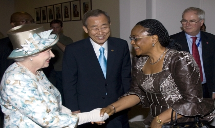 Nigeria’s Permanent Representative to the United Nation and Security Council President for July, Prof Joy Ogwu (right), in a handshake with Queen Elizabeth II during her recent visit to the UN. Middle is UN Secretary-General, Ban Ki-Moon. Photo: NAN