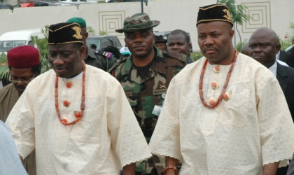 FRED18071002 President Goodluck Jonathan (left) and his host, Gov. Godswill Akpabio arriving for a town hall meeting at the Government House, Uyo, last Friday. Photo: NAN