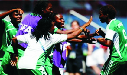 Falconets’ leading scorer, Desire Oparanozie (9) celebrating one of her goals with the bench at the weekend