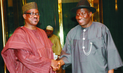 FRED11081001 President Goodluck Jonathan (right) in a handshake with Senegalese Special Envoy, Mr. Daouda Maligueye who paid a visit to the Presidential Villa, Abuja, Monday .