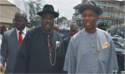 Governor Chibuike Rotimi Amaechi of Rivers State (right)  with Chief Godspower Ake, state chairman, Peoples Democratic Party (PDP) shortly after an interactive session between party members  and the governor at the party secretariat, Port Harcourt, on Monday.