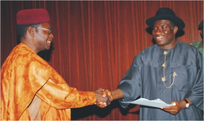 President Goodluck Jonathan (right) in a handshake with Speaker, Economic Community of West African States (ECOWAS) Parliament, Mohamane Ousumane after the latter submitted documents to the President in Abuja, last Friday. Photo: NAN