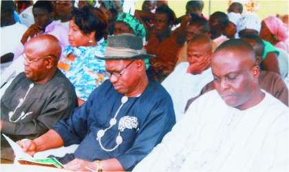 Cross section of directors at the Ministry of Information and Communications; Mr Paulius Nsirim (right), Mr Atlen Kio-Deghi (middle) and others during the burial ceremony of former Director, Radio Rivers, Kimanyieke Kpai, at Bodo City, last Saturday. Photo: Chris Monyanaga