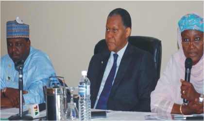 R-L: Minister of State for Foreign Affairs, Mrs Salamatu Suleiman, Minister of Foreign Affairs, Chief Odein Ajumogobia and Minister of Works, Sen. Sanusi Daggash during  a news conference on the score-card of the Foreign Ministry in Abuja, yesterday.