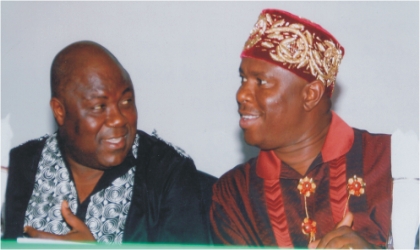 FRED26111003 Speaker, Rivers State House of Assembly and chairman of occasion, Rt. Hon. Tonye Harry (left) conferring with state Commissioner for Works, Hon Dakuku Peterside, during a public lecture presented by Secretary to Rivers State Government, Hon. Magnus Abe, at the state House of Assembly Auditorium, in Port Harcourt, recently.