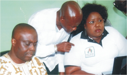 Rivers State Commissioner for Information and Communications, Mrs Ibim Semenitari conferring with her Press Secretary, Mr Dike Onyije (middle) during official launch of Rivers Brand, With them is Director of Publicity in the ministry, Mr Paulinus Nsirim, at Hotel Presidential, Port Harcourt, on Wednesday.