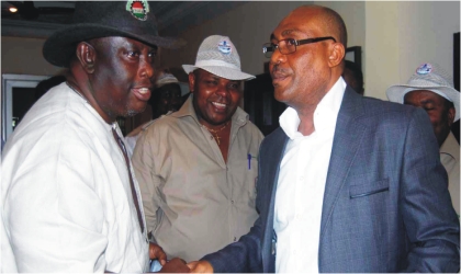 Chairman, Nigeria Labour Congress (NLC), Rivers State, Comrade Chris Oruge (left) with state chairman, National Union of Postal and Telecommunication Employees (NUPTE), Comrade Williams Addah and State Commissioner for Special Duties, Mr Davies Akanya, during NUPTE executive meeting in Port Harcourt, yesterday.